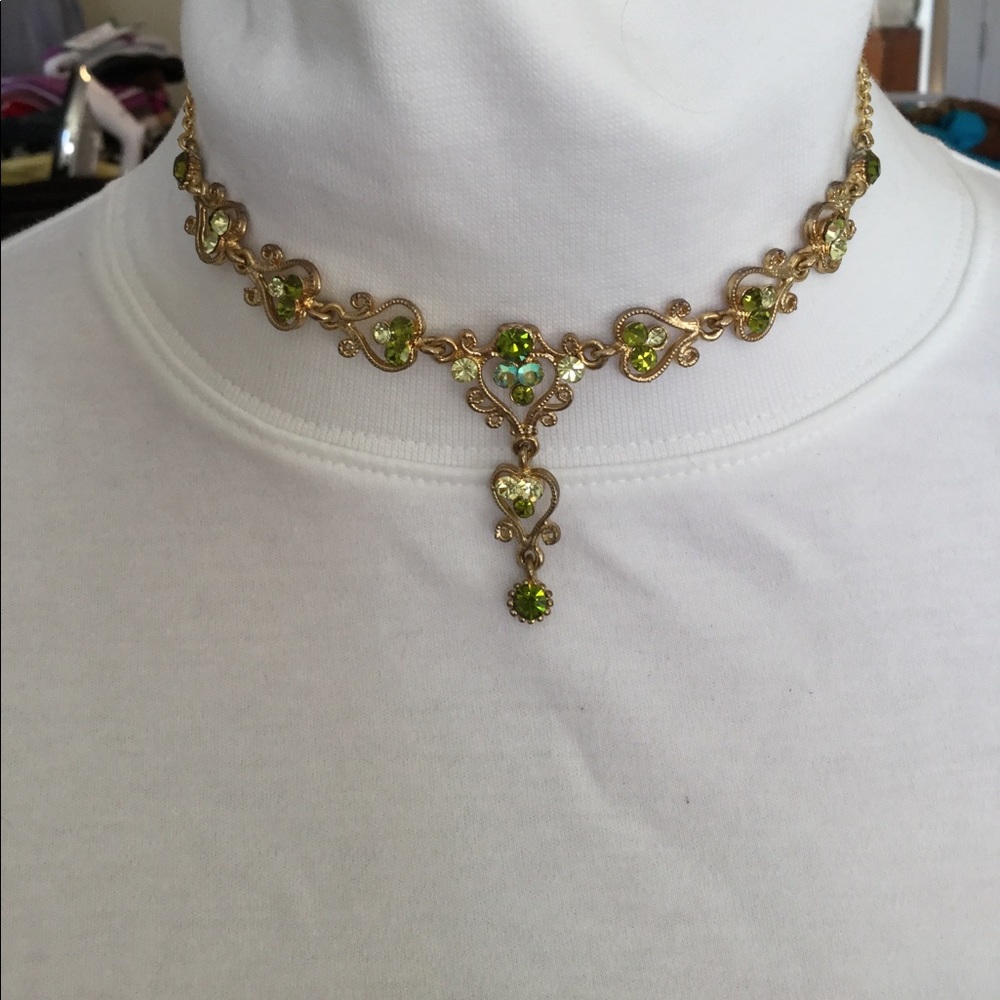 Green & gold rhinestone jewelry set